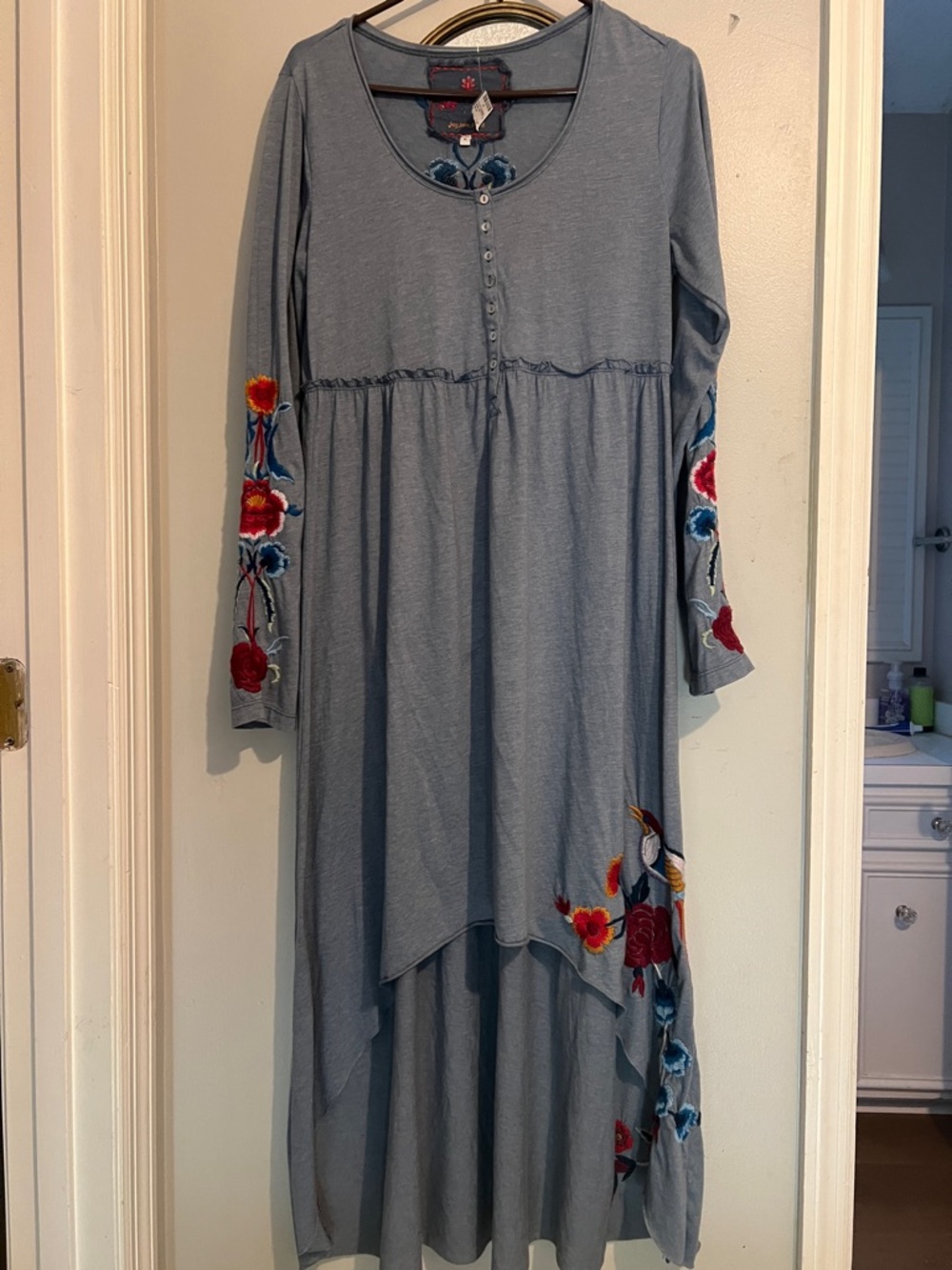 Johnny Was Slate Blue High-Low Embroidered Maxi Dress - Picture 1 of 4